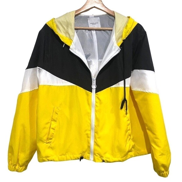 Front Jackets & Blazers - Angel Kiss Los Angeles wind breaker yellow black hooded jacket Women's size L